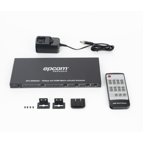 EPCMXB42A-AD-5-l.png Matricial HDMI | 4x2 | 4K2K@60Hz | HDR | YCbCr 4:4:4 | EDID Auto | Extractor de Audio | Salida de audio análoga y digitalizados | HDCP 2.2 | 18 Gbps