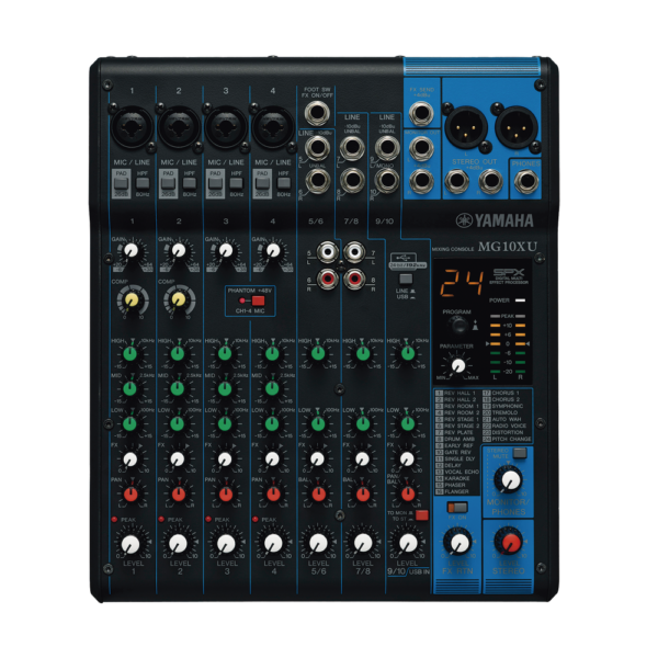 MG10XU-AD-1-l.png Mezcladora de Audio | 10 Canales | Perillas | 4 Entradas de Micrófono/Línea | 3 entradas Estéreo | Efectos | USB