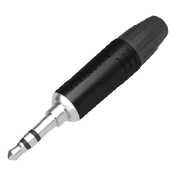 Conector delgado estereo de 3.5 mm, carcasa cromada negra, contacto niquelado, cable OD 2-4,5 mm