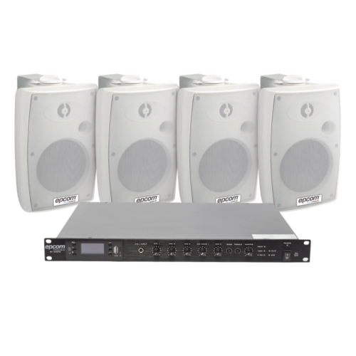 KIT de Amplificador de Audio 120W para Rack | 4 Altavoces de Pared color Blanco 2.5W - 20W | Sistema 70/100V
