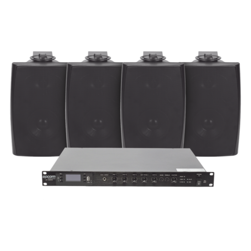 KIT de Amplificador de Audio 120W para Rack | 4 Altavoces de Pared color Negro 2.5W - 20W | Sistema 70/100V
