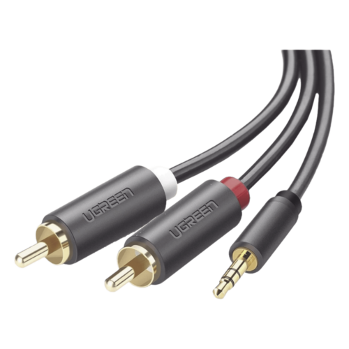portada_0S1000-849.png Cable Adaptador de 3.5mm Macho a 2 RCA Macho / 5 Metros (16.40 Pies) / Color Gris / Blindaje Múltiple / ABS / Alta Calidad