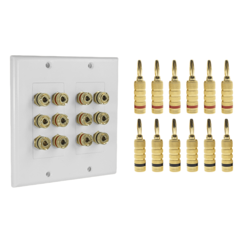 KIT 1 Placa de Pared + 6 Pares Conectores Banana (Rojo+Negro) | Postes de Unión Tipo Banana | Conexión para 6 Altavoces | Fácil Instalación | Conectores Chapados en Oro