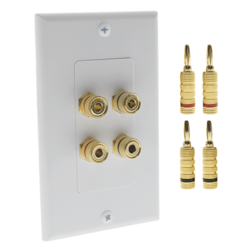KIT 1 Placa de Pared + 2 Pares Conectores Banana (Rojo+Negro) | Postes de Unión Tipo Banana | Conexión para 2 Altavoces | Fácil Instalación | Conectores Chapados en Oro
