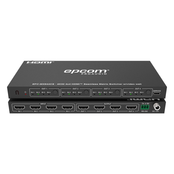 sec_5_2S1000-244.png Matriz de Video HDMI 4x4 | Ancho de Banda 10.2 Gbps | Resolución 4K@30Hz | Escalado a 1080P, 720P, 1920x1200, 4K30 | Modos Matriz y Video Wall | Control RS-232 y Remoto Infrared
