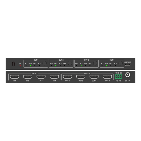 sec_5_3S1000-195.png Matriz de Video HDMI 4x4 | Ancho de Banda 10.2 Gbps | Resolución 4K@30Hz | Escalado a 1080P, 720P, 1920x1200, 4K30 | Modos Matriz y Video Wall | Control RS-232 y Remoto Infrared